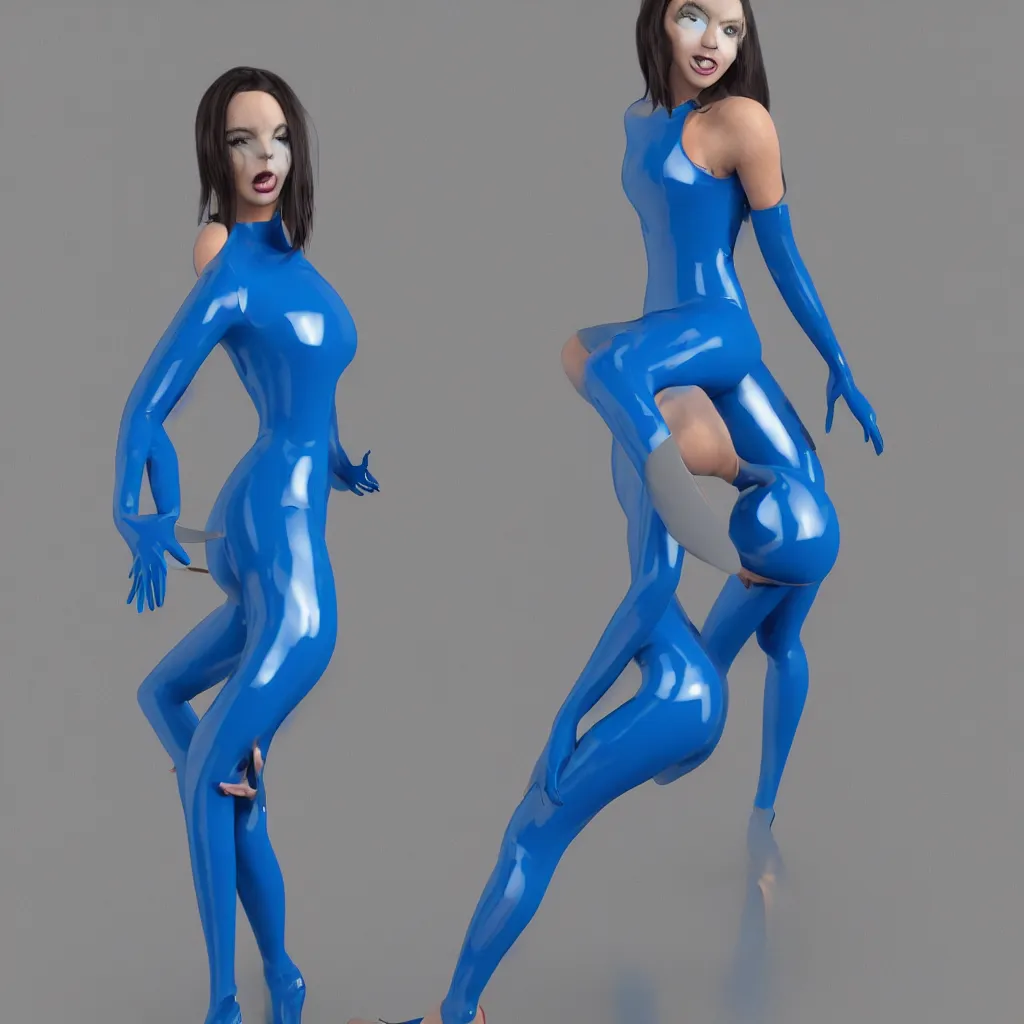 Image similar to a beautiful female wearing a blue latex jumpsuit, eyeballs with different colored iris are poking through the suit, face, torso, legs, feet, octane render, photo realistic, hyper realistic, 8 k resolution in the style of alvin schwartz