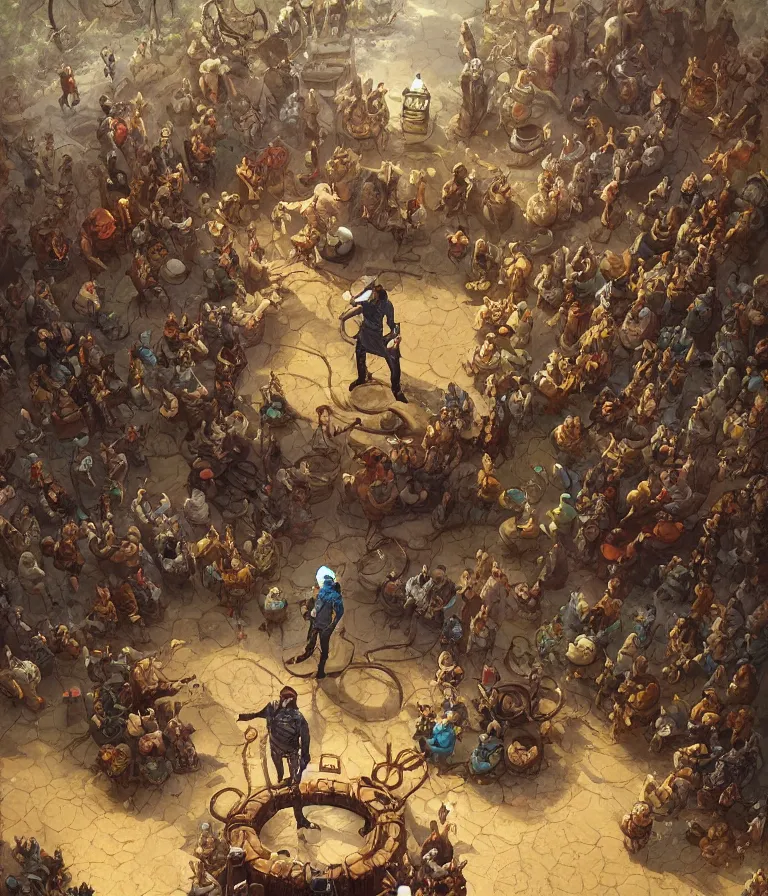 Image similar to a cowboy druid snake oil salesman standing in a circle at the bull run at the beginning of the world by peter mohrbacher and james jean