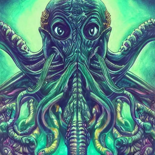 Image similar to 4 k colored headshot of godlike cthulhu with defined arms and open hands and bloody clothes with giant mandala wings, intricate face, flawless anime cel animation by kentaro miura, psychedelic, highly detailed upper body, professionally post - processed, beautiful, scary, symmetry accurate features, epic, octane rendered, anime masterpiece, accurate