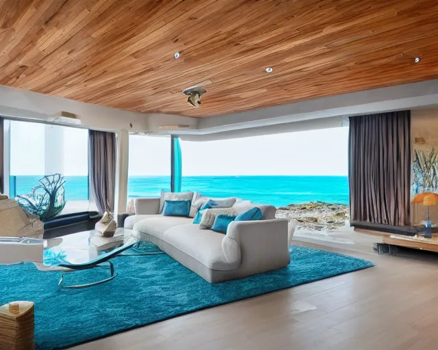 Prompt: A modern living room in a ocean hues style, inspired by the ocean, ocean view, luxurious wooden coffee table, calm, relaxed style, harmony, wide angle shot, 8k resolution