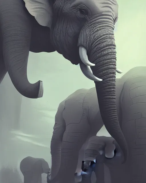 Image similar to elephant cyborg painted by escher volumetric lighting, back lighting, rimlight, dramatic lighting, digital painting, highly detailed, artstation, sharp focus, illustration, Artgerm, Jean-Léon Gérôme , ruan jia