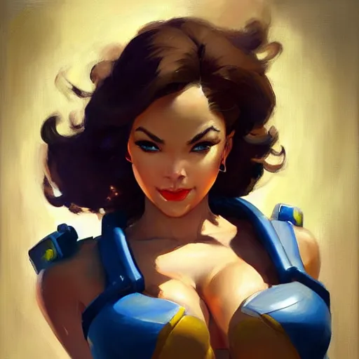 Image similar to greg manchess portrait painting of april o'neil as overwatch character, medium shot, asymmetrical, profile picture, organic painting, sunny day, matte painting, bold shapes, hard edges, street art, trending on artstation, by huang guangjian and gil elvgren and sachin teng