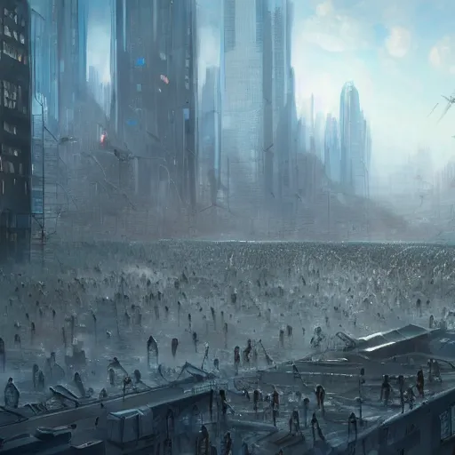 Image similar to a dystopian earth when humans are ruled by a large pointing finger and there are rows of people in shackles going to office jobs, by james gurney, 8k, artstation, artstation