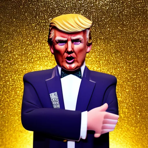 Image similar to Donald Trump with silver-violet hair, white eyes and golden glittery dress, wide lens, diorama, 4k,