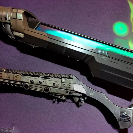 Image similar to plasma rifle with detailed engraving of an alien on the side, photograph