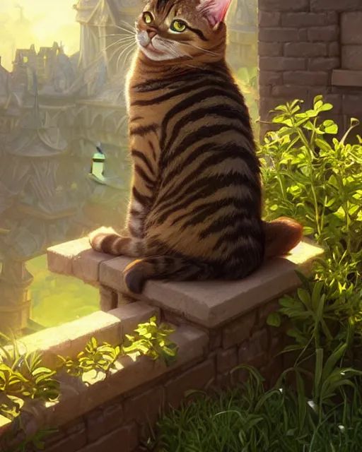 Image similar to A tabby cat sitting on a garden wall, deep focus, D&D, fantasy, intricate, elegant, highly detailed, digital painting, artstation, concept art, matte, sharp focus, illustration, hearthstone, art by Artgerm and Greg Rutkowski and Alphonse Mucha