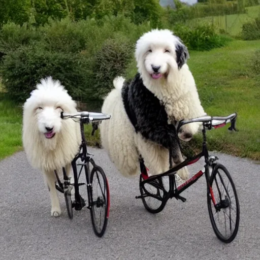 Image similar to two old english sheep dogs on a tandem bicycle