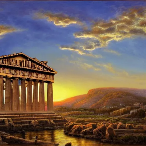 Image similar to the Parthenon with wings on its sides, flapping its wings flying in sunset sky, oil on canvas, intricate, 8k highly professionally detailed, HDR, CGsociety