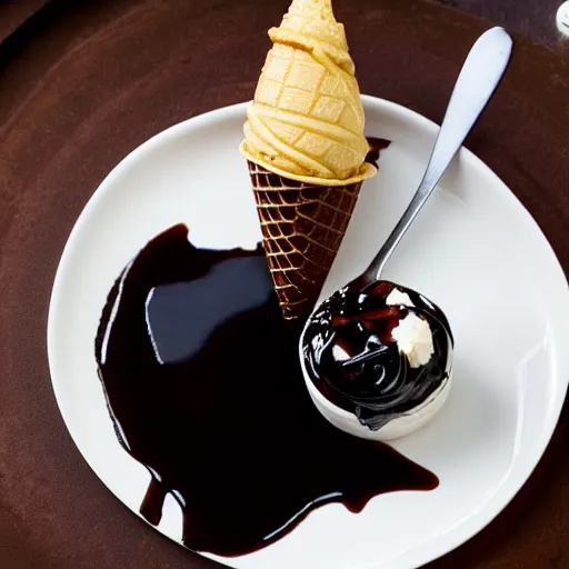 Prompt: photograph of a formal presentation of an ice cream cone on a plate with a balsamic reduction glaze and strange cutlery in a fancy avant-garde restaurant