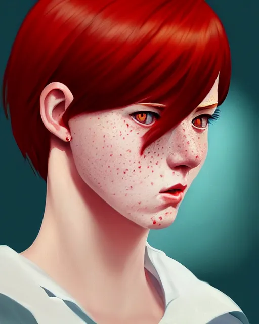 Prompt: a detailed portrait of a pretty!! female president with red hair and freckles, 1 8 0 2, by ilya kuvshinov, digital art, dramatic lighting, dramatic angle