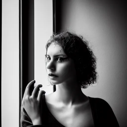 Image similar to black and white fashion photography of a beautiful depressed Woman with detailed face standing by the window, natural light, soft noise, sigma 85mm f/1.4 1/10 sec shutter