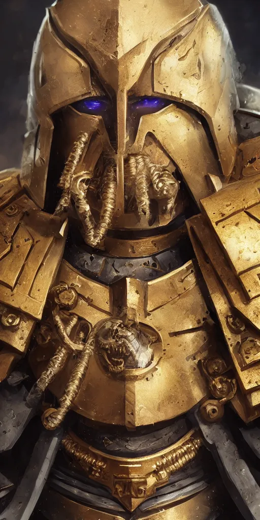 Image similar to warhammer 40k, half-lenght portrait of Emperor of Mankind, beautiful man without helmet, gold armor, beautiful face, long blonde hair, digital art, illustration, fine details, cinematic, highly detailed, octane render