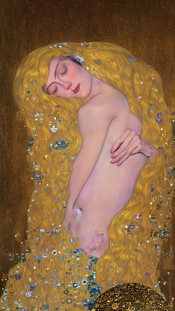 Image similar to a soft and breathtaking detailed painting of a full body sleeping blonde princess in the style of Gustav Klimt, blonde hair, shiny gold, elegant, highly detailed, artstation, fluo colors, concept art, matte, sharp focus, art by Gustav Klimt