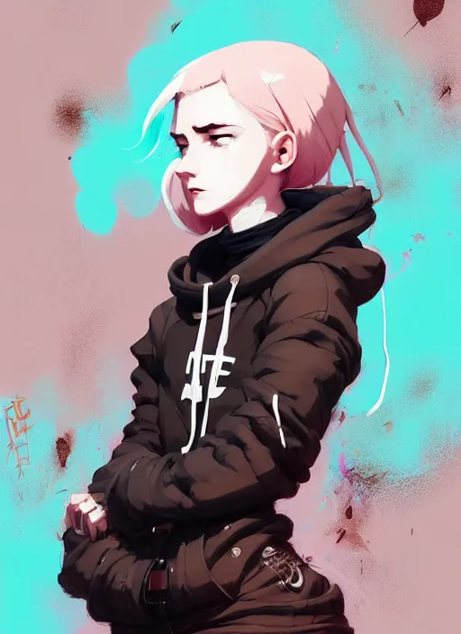 Image similar to highly detailed portrait of a urban punk lady student, blue eyes, hoodie, white hair by atey ghailan, by greg rutkowski, by greg tocchini, by james gilleard, by joe fenton, by kaethe butcher, gradient black, brown and pink color scheme, grunge aesthetic!!! ( ( graffiti tag wall background ) )