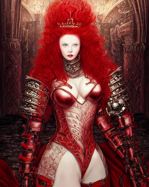 Prompt: redhead queen knight in heavy red armor, inside grand hall in castle with rococo aesthetic, crown of roses, scarred face, elden ring, intimidating, high fantasy, intricate detail, digital painting, artstation, concept art, smooth, sharp focus, illustration, art by yoshitaka amano and monia merlo and wlop and artgerm