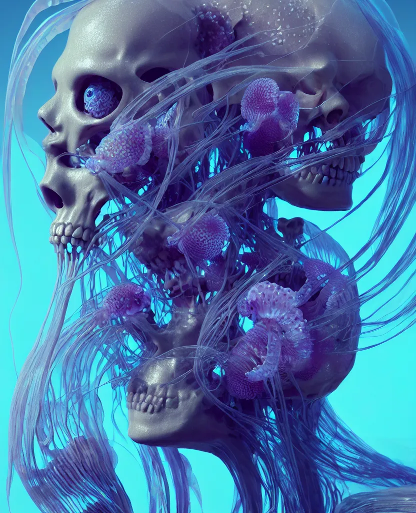 Image similar to goddess close - up portrait human skeleton, ram skull, jellyfish, orchid, betta fish, bioluminiscent, intricate artwork by tooth wu and wlop and beeple. octane render, trending on artstation, greg rutkowski very coherent symmetrical artwork. cinematic, hyper realism, high detail, octane render, 8 k