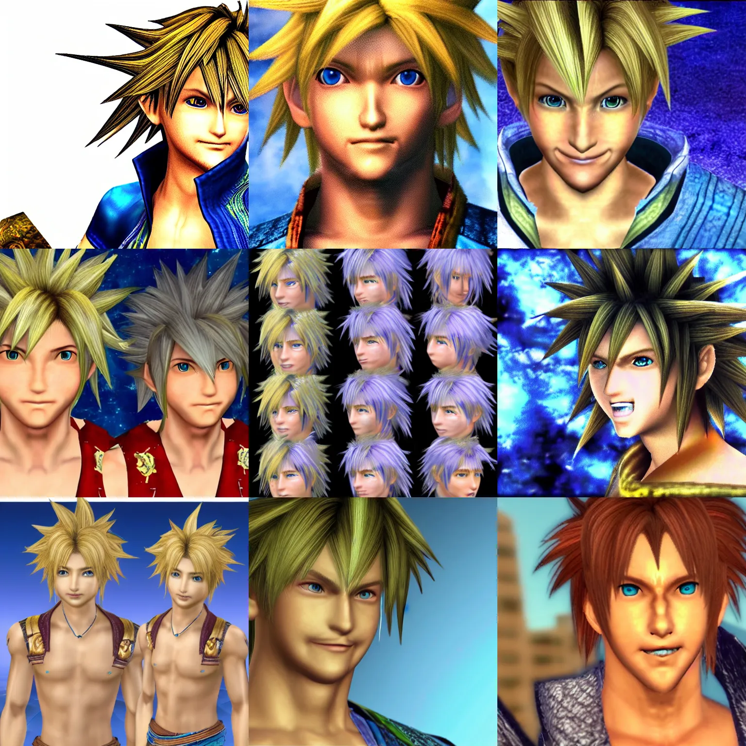 Prompt: distorted smiling tidus from ffx tiny face big hair