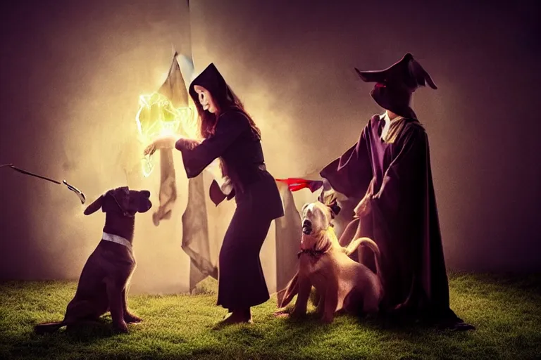 Image similar to puppy wizard casting a magic spell on an evil witch, majestic pose, dramatic lighting, cinematic scene