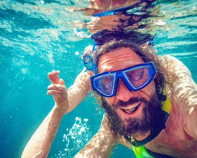 Prompt: Jesus Christ going snorkeling in Costa Rica, photography, instagram filters, full body