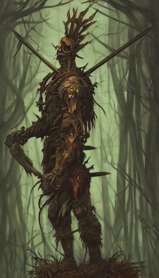 Image similar to painting of undead wight warrior, anatomically correct, forest and cabin, muted colors, night scene, by brom