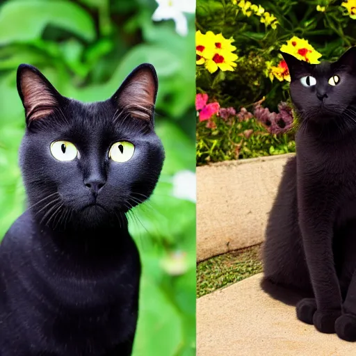 Image similar to yellow flower cat, black bombay cat, happy, cheery, garden, smile
