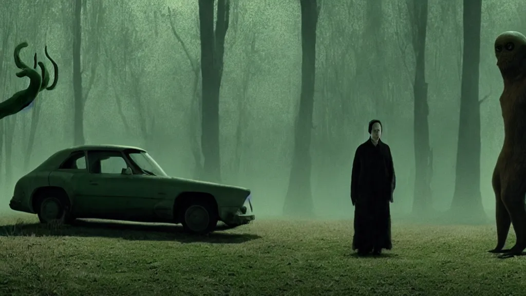 Image similar to the strange creature waits by the car, made of Chlorophyll and blood, film still from the movie directed by Denis Villeneuve with art direction by Salvador Dalí, wide lens