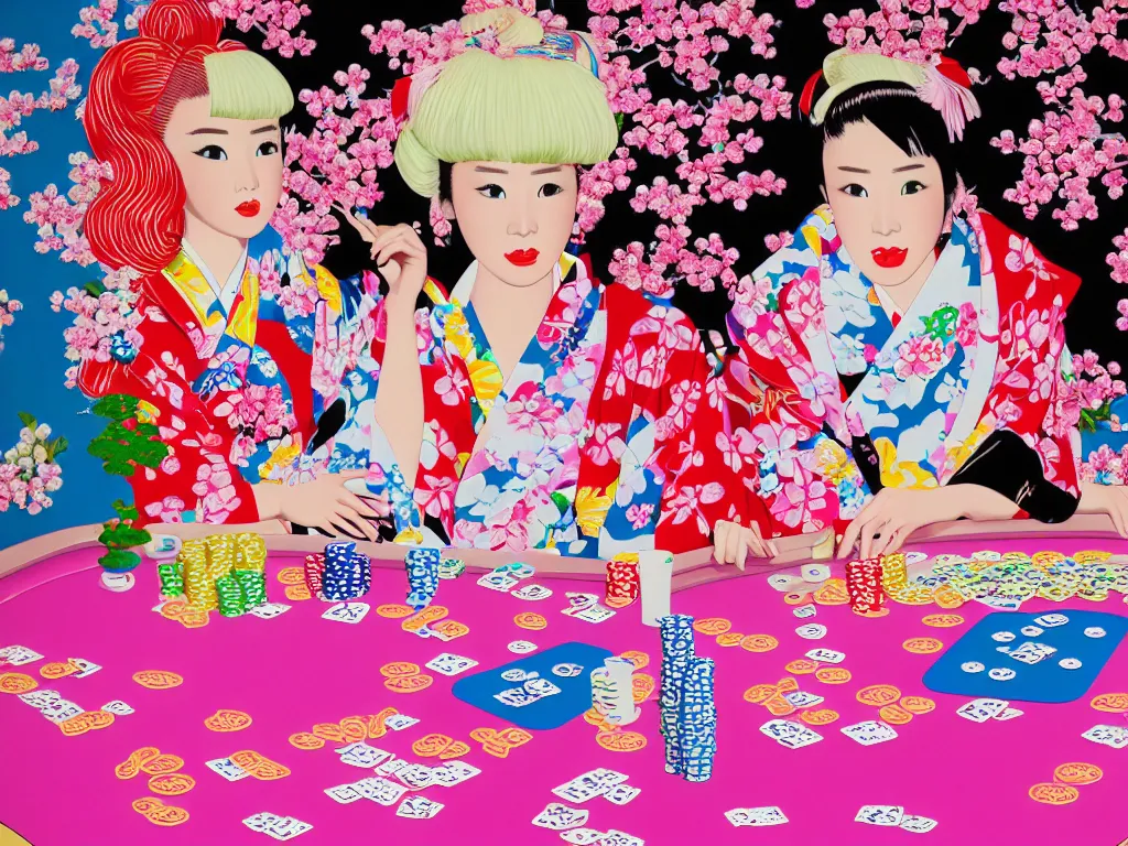 Prompt: hyperrealism composition of the detailed single woman in a japanese kimono sitting at an extremely detailed poker table with barbie, fireworks and sakura tree on the background, pop - art style, jacky tsai style, andy warhol style, acrylic on canvas