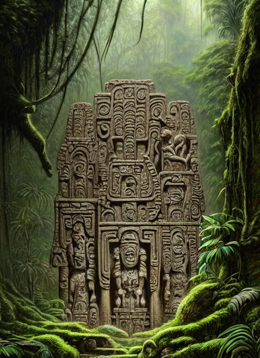 Image similar to inca temple stone carvings lost in the jungle, intricate, mossy, overgrown, elegant, highly detailed, centered, digital painting, artstation, concept art, smooth, sharp focus, illustration, artgerm, tomasz alen kopera, peter mohrbacher, donato giancola, joseph christian leyendecker, wlop, boris vallejo