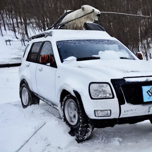 Prompt: graffiti of a polar bear driving an suv on ice