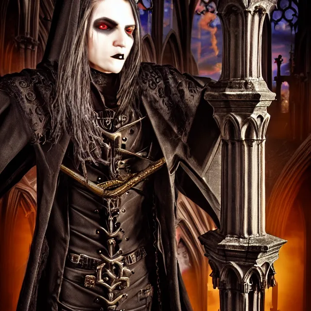 Image similar to a vampire warrior in a gothic church, highly detailed, 4 k, hdr, smooth, sharp focus, high resolution, award - winning photo, illustrated by anne stokes, photorealistic