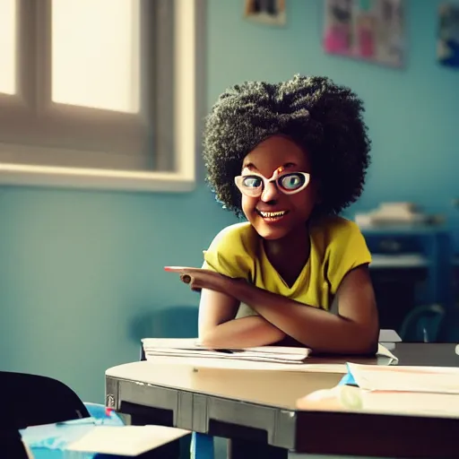 Image similar to stunning, coherent, impressive, detailed still of happy black little girl in school sitting on desk, follow shot, 3d, in the style of pixar, comic book style, 3d, highly detailed, sharp focus, bokeh, depth of field, 16k resolution, Unreal Engine 5, coherent, cinematic lighting, photorealistic, by Zhang Jingna