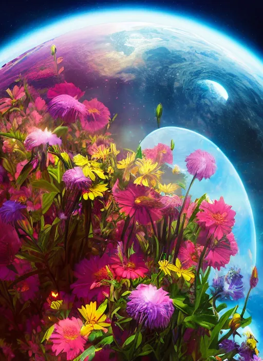 Image similar to An epic fantastic realism comic book style painting of the most beautiful flowers launched into space, bouquets, solar eclipse, fisheye, unreal 5, DAZ, hyperrealistic, octane render, dynamic lighting