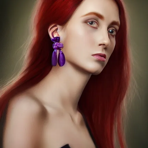 Prompt: Beautiful photorealistic portrait of a woman with purple eyes and long red hairs wearing shiny earings , higly detailed, 8K