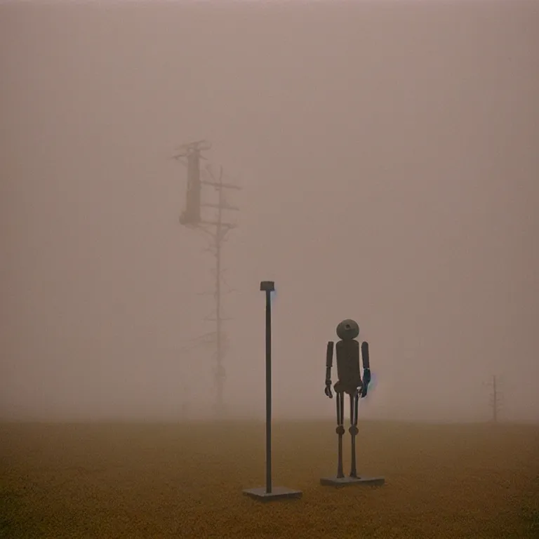 Image similar to the lanky liminal observer droid by dennis mejillones, in a brutalist yet rural landscape by simon stalenhag, 3 5 mm film photography, dawn, eerie fog