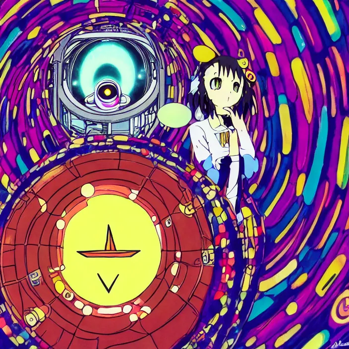 Image similar to close up of mamimi samejima from flcl, psychedelic background, epcot, inside a space station, eye of providence, female anime character, giygas, charles burchfield
