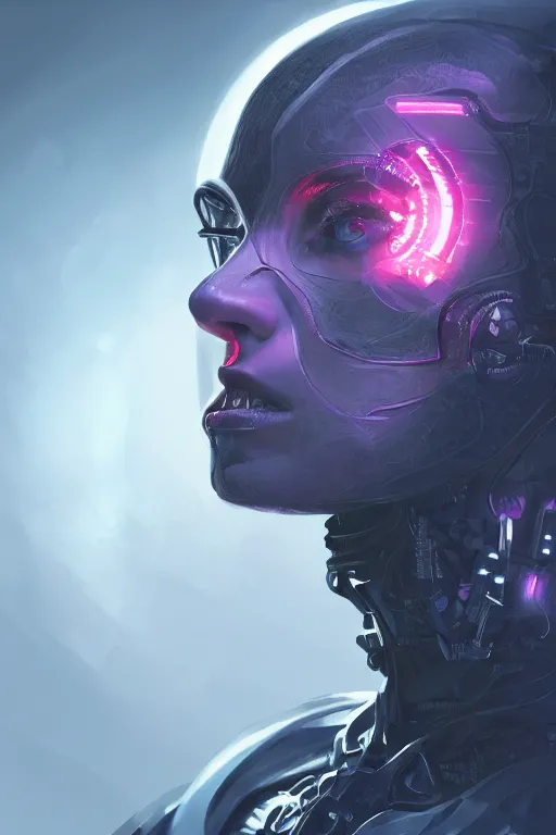 Image similar to detailed portrait of a cyborg, necromancer, benevolent, scifi, futuristic, beautiful girl, elegant cape, glow, concept art, sharp focus, inside a space ship, trending on artstation, intricate, advanced technology, art by roman makarenko and simon almeida and marcos melco