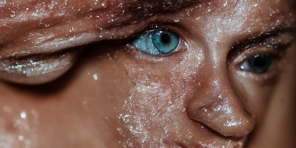 Prompt: sweaty wet skin, macro, highly detailed, dramatic lighting