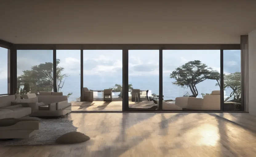 Image similar to a interior photo of a furnished modern house with a large window with view to the sea at sunset, octane render, unreal engine 5, godrays, ray tracing, hyperrealistic, full of luxury furniture, calm, relaxing, complementary colors, warm lighting, clouds in the sky, concept art, 4k, high quality, highly detailed, trending on DeviantArt, beautiful