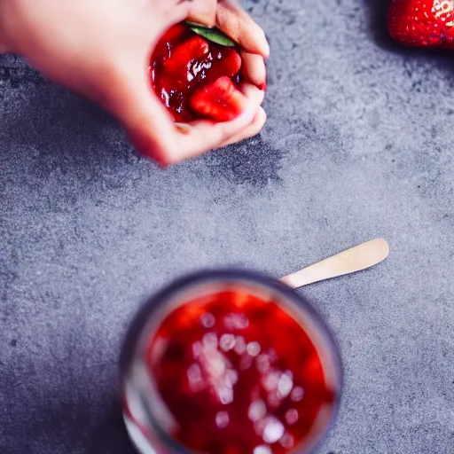 Prompt: Small people trying to escape a jar of strawberry jam, high definition photography, 8k