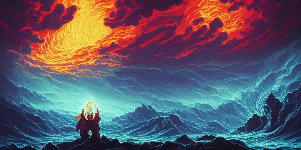 Image similar to artwork, masterpiece of from Dan Mumford collection ::La Chroma:: with a mage invoking divine gods while there's a storm and lightings, trending on ArtStation, art by Dan Mumford and details by artgerm