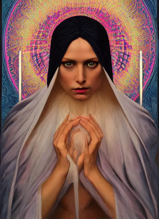 Image similar to acid tripping cult magic psychic woman, third eye, occult ritual, dark witch headdress, oil painting, robe, symmetrical face, greek dark myth, by John William Godward and Anna Dittman, masterpiece