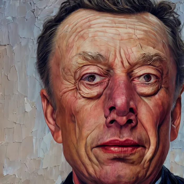 Image similar to hyperrealistic close up studio portrait of aging old Elon Musk age 103 wrinkled sorrowful, oil painting by Ivan Albright and Lucian Freud and Ron Mueck, trending on artstation Studio lighting hyperrealism