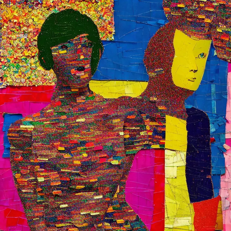 Image similar to beautiful anima girl lost in colors artwork by el anatsui