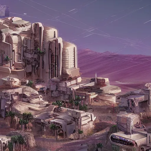 Image similar to cyberpunk pueblo architecture covering a desert landscape