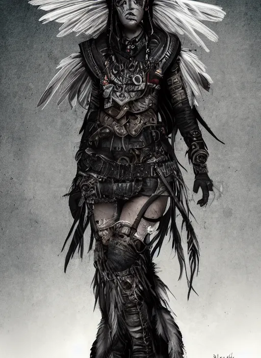 Image similar to digital art of a young woman in dark shamanistic ritual clothing accented by black feathers, post apocalyptic, dystopian, high resolution, highly detailed, fallout, raider, 4 k, artstation, dark lighting