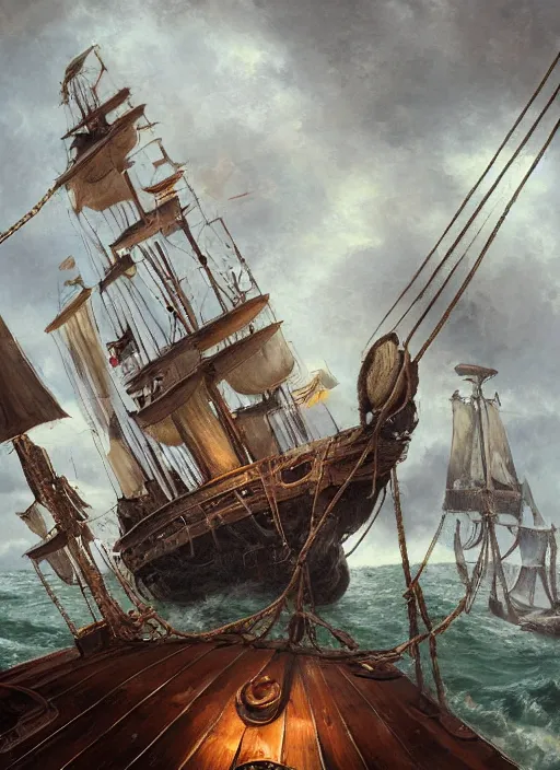 Image similar to mid shot portrait of a male pirate with two peglegs and two hook hands in foreground, fat obese pirate with beard, steering the rudder wheel of a wooden galleon tall ship of the line through a rain and lightning storm. view from on deck, sails masts rigging ropes pulleys, detailed dynamic light painting by peter mohrbacher