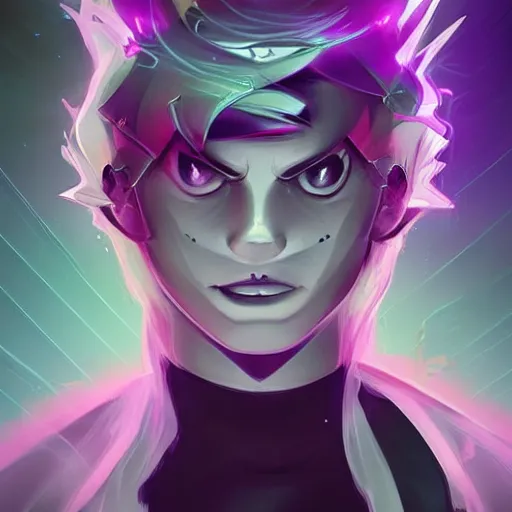 Image similar to A digital matte intricate illustration concept art of young Danny phantom with glowing green eyes and sharp teeth alt art fashion inspired art by Charlie Bowater and Artgerm and Mark Arian and Ross Tran + neon colors, wakfu colors + symmetry + greco-roman art, intricate complexity, epic composition, magical atmosphere, highly detailed, cinematic lighting + masterpiece, trending on artstation + 8k