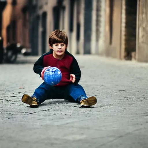 Image similar to a boy playing with a ball in the street vintage style