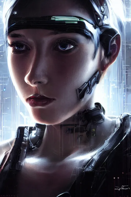 Image similar to a close - up portrait of a cyberpunk cyborg girl, by jean fouqet, rule of thirds