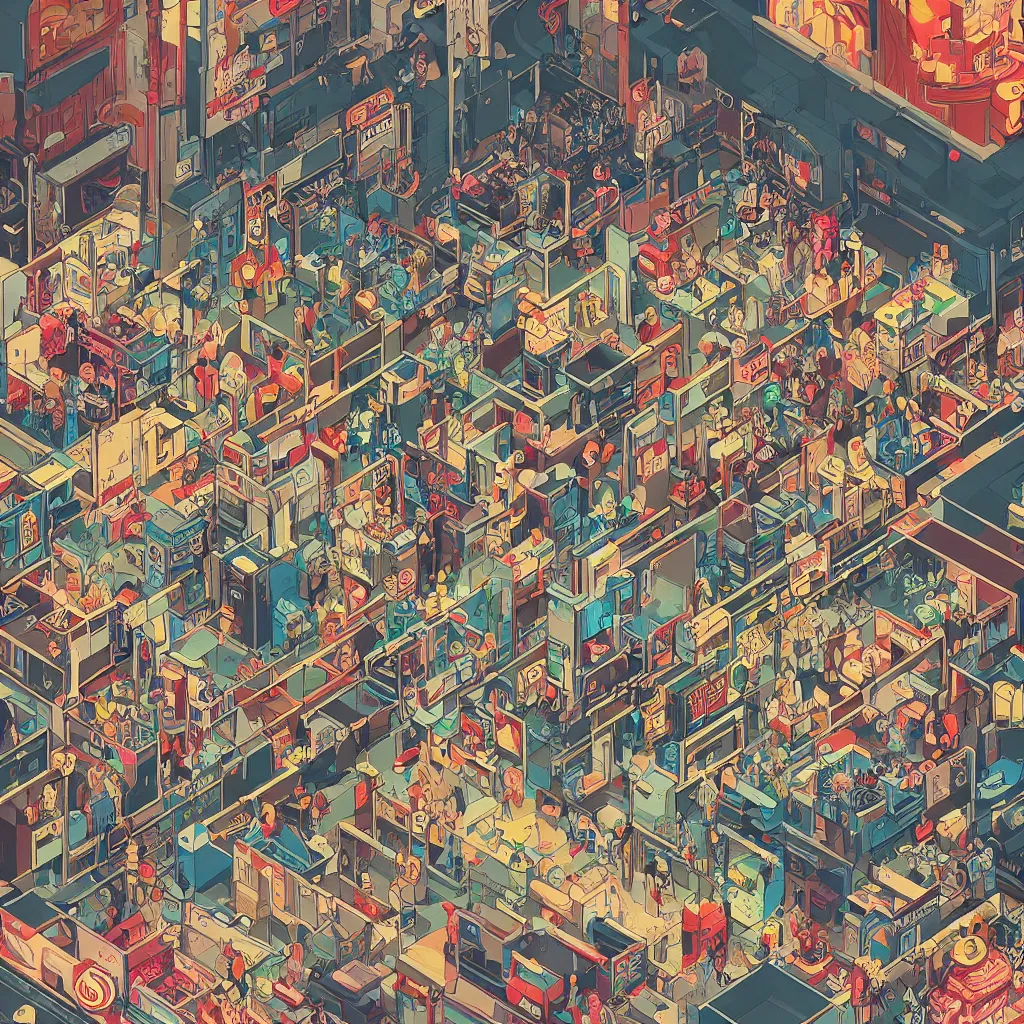 Image similar to isometric view illustration of a video games arcade, highly detailed mid day by Victo Ngai